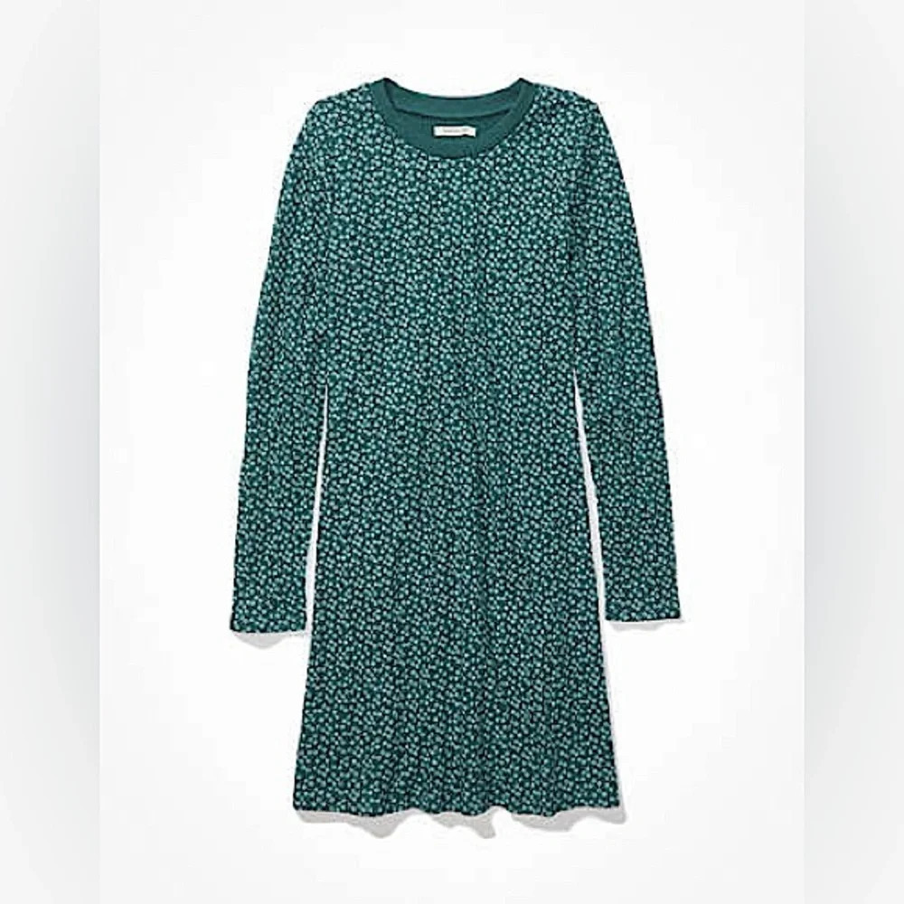 American Eagle XS Green Floral Waffle Knit Thermal Sweater Dress Long Sleeve